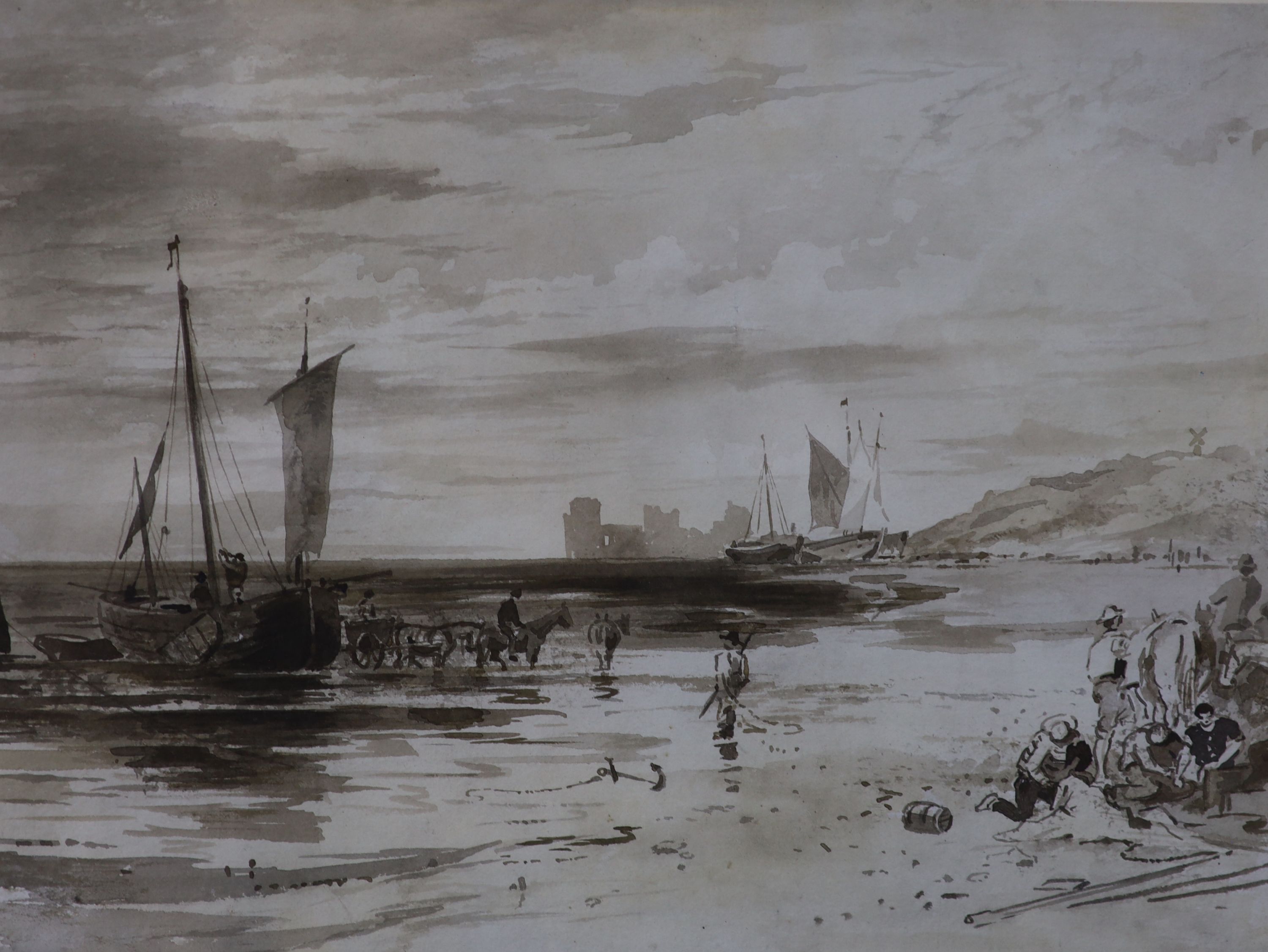 19th century English School, monochrome watercolour, Fisherfolk on the beach, 22 x 29.5cm and Robert Smartt, watercolour, Floodwater, Woodbury Common, signed, labels verso, 26 x 36cm